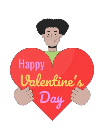 Hispanic Man Holding Valentine Day Heart 2 D Linear Illustration Concept Male Latin American Cartoon Character Isolated On White 14 February Celebration Metaphor Abstract Flat Vector Outline Graphic Illustration