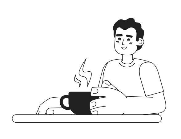 Hispanic Man On Meeting Monochromatic Flat Vector Character Drinking Coffee Optimistic Editable Thin Line Half Body Person On White Simple Bw Cartoon Spot Image For Web Graphic Design Illustration