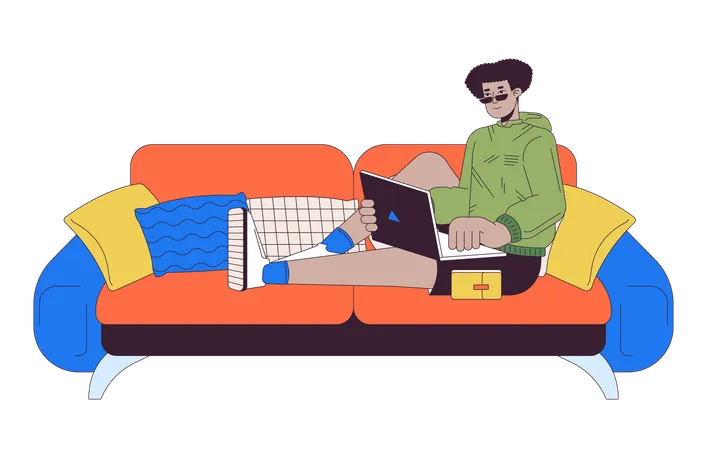 Hispanic man with laptop sitting on sofa  Illustration