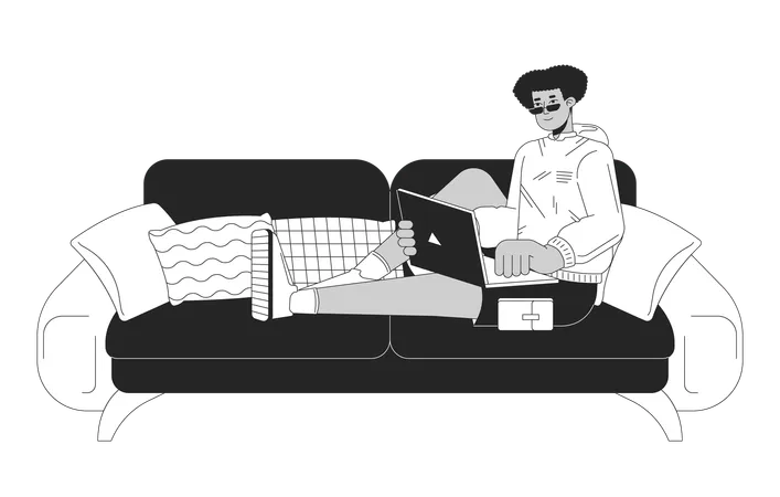 Hispanic man with laptop sitting on sofa  Illustration