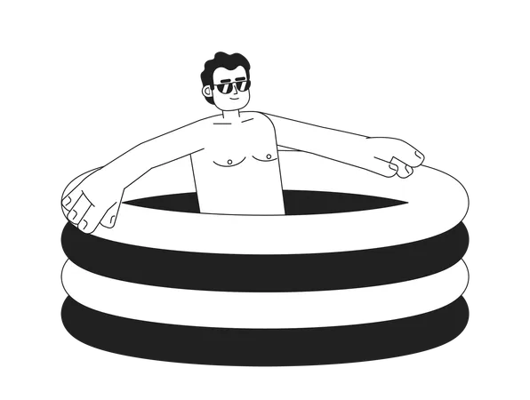 Latino Sunglasses Man In Inflatable Swimming Pool Monochromatic Flat Vector Character Guy In Pool Editable Thin Line Full Body Person On White Simple Bw Cartoon Spot Image For Web Graphic Design Illustration