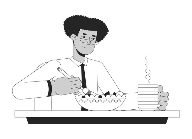 Hispanic White Collar Worker Eating Salad Black And White 2 D Line Cartoon Character Eyeglasses Latino Man On Lunch Isolated Vector Outline Person Vegan Employee Monochromatic Flat Spot Illustration Illustration