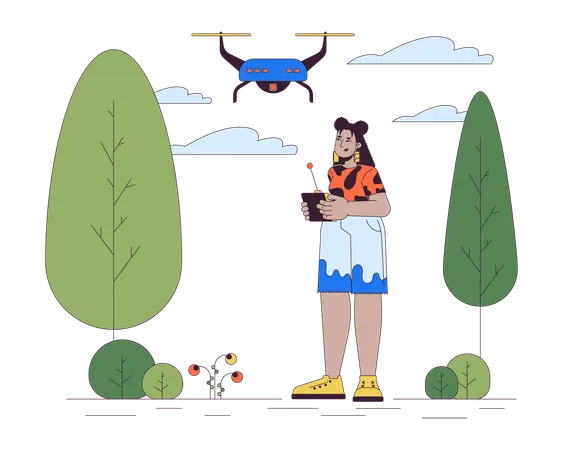 Hispanic woman flying drone in park  Illustration