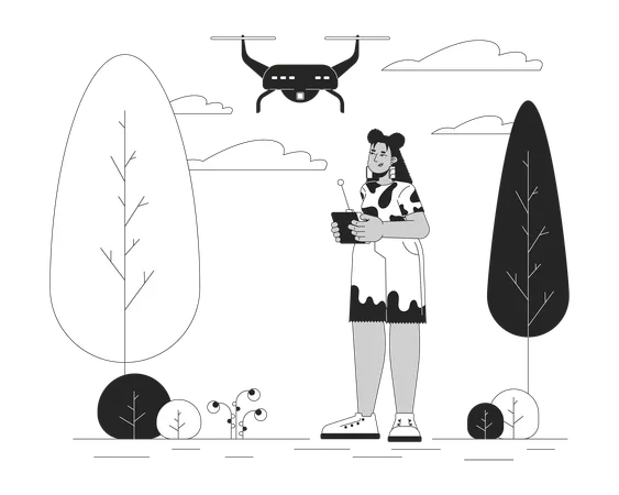Hispanic Woman Flying Drone In Park Black And White Cartoon Flat Illustration Latina Girl Controlling Quadcopter 2 D Lineart Character Isolated UAV Technology Monochrome Scene Vector Outline Image Illustration