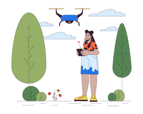 Hispanic woman flying drone in park  Illustration