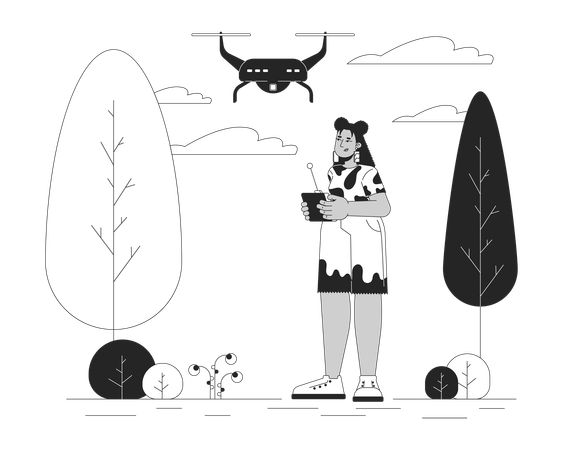 Hispanic woman flying drone in park  Illustration