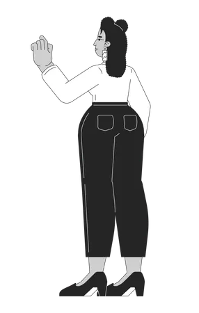 Hispanic woman in formal attire pointing rear view  Illustration