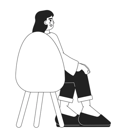 Hispanic Young Adult Woman Sitting In Chair Back View Black And White 2 D Cartoon Character Latin American Female Isolated Vector Outline Person Attendee Latina Monochromatic Flat Spot Illustration Illustration