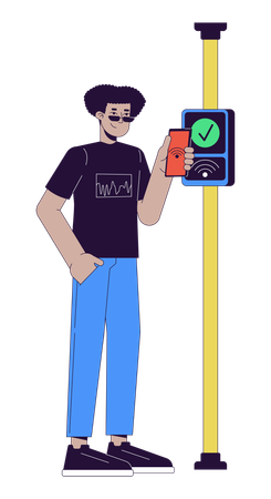 Hispanic young man paying fare with nfc phone  Illustration