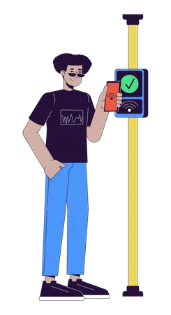 Hispanic young man paying fare with nfc phone  Illustration