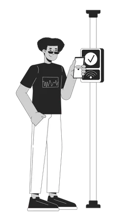 Hispanic Young Man Paying Fare With Nfc Phone Black And White 2 D Line Cartoon Character Bus Commuter Latino Male Isolated Vector Outline Person Wireless Payment Monochromatic Flat Spot Illustration Illustration