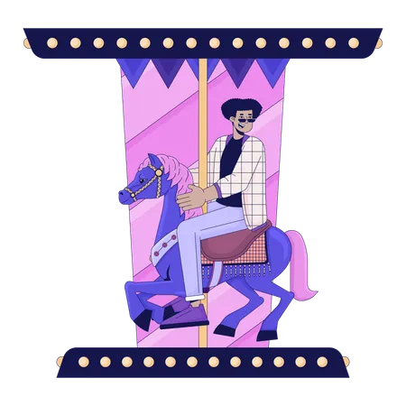 Hispanic Young Man Riding Horse Carousel 2 D Linear Cartoon Character Roundabout Fun Latino Guy Isolated Line Vector Person White Background Entertainment Attraction Color Flat Spot Illustration イラスト