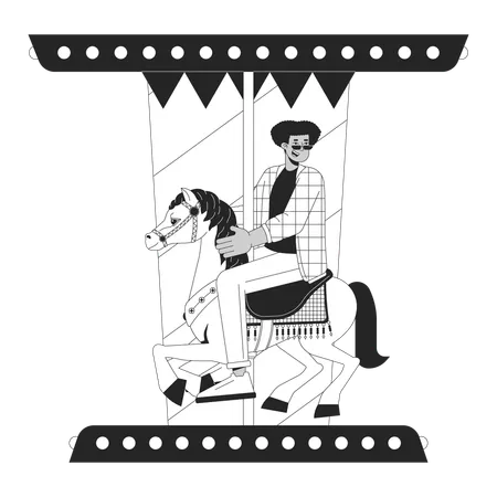 Hispanic Young Man Riding Horse Carousel Black And White 2 D Line Cartoon Character Roundabout Fun Latino Guy Isolated Vector Outline Person Entertainment Monochromatic Flat Spot Illustration イラスト