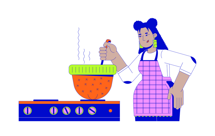 Mulher hispânica cozinhando jantar com chapéu  Ilustração