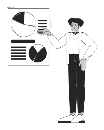 Hispanischer männlicher Mitarbeiter präsentiert Kreisdiagramme und Datenvisualisierung  Illustration