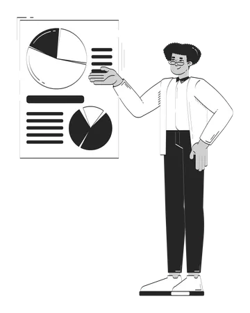 Hispanischer männlicher Mitarbeiter präsentiert Kreisdiagramme und Datenvisualisierung  Illustration