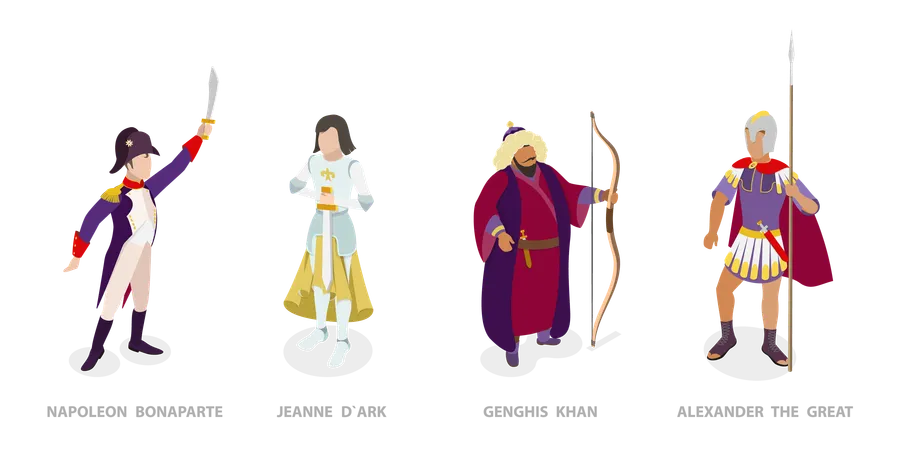 3 D Isometric Flat Vector Set Of Historical People Napoleon Bonaparte Jeanne D Arc Genghis Khan Alexander The Great イラスト