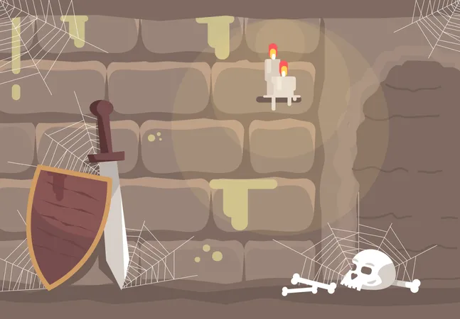 Historical Quest Room Flat Vector Illustration Escape Room Interior With Human Skull Sword And Shield Searching Solution Mystery Investigation Solving Puzzle Medieval Themed Logic Game Illustration
