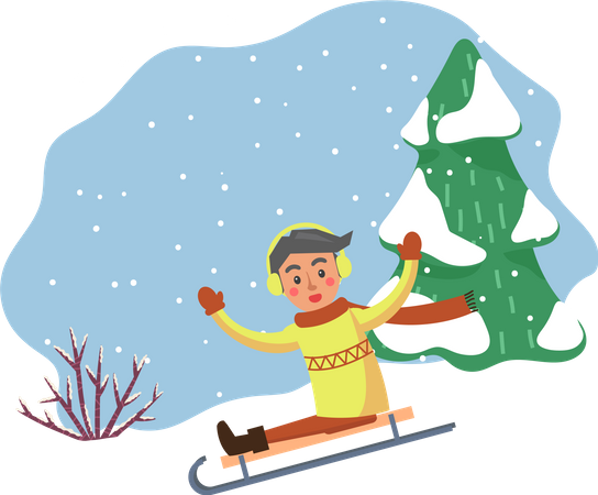 Enfant d'hiver glissant sur la colline  Illustration