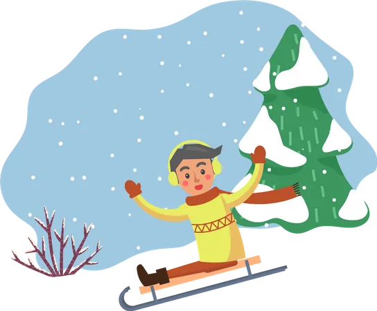 Enfant d'hiver glissant sur la colline  Illustration