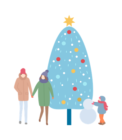 Famille d'hiver avec arbre et bonhomme de neige  Illustration