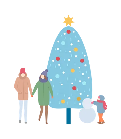 Famille d'hiver avec arbre et bonhomme de neige  Illustration