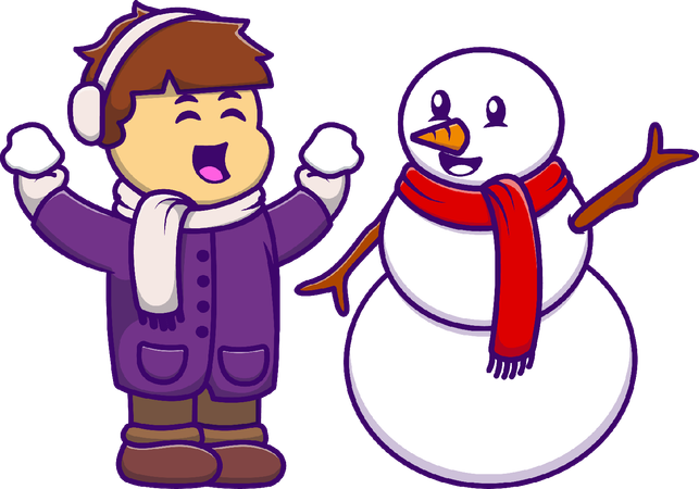 Garçon d'hiver et bonhomme de neige jouant  Illustration