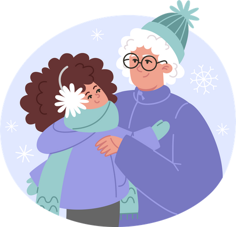 Portrait de famille d'hiver grand-mère et petite-fille  Illustration