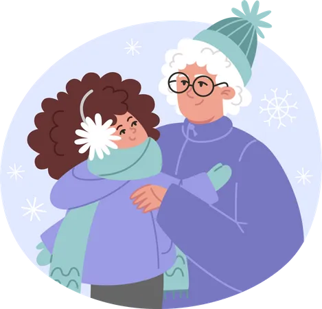 Portrait de famille d'hiver grand-mère et petite-fille  Illustration