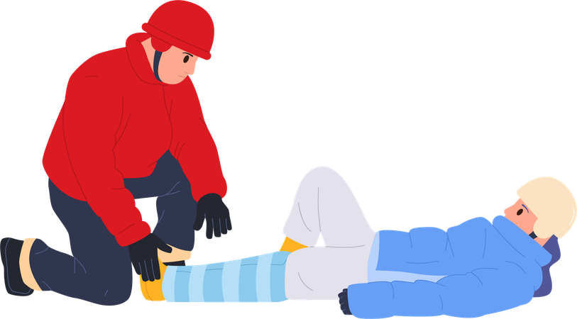 Sauveteur d'hiver bandant la jambe cassée d'une victime de skieur pour réparer l'os blessé et immobiliser le membre  Illustration