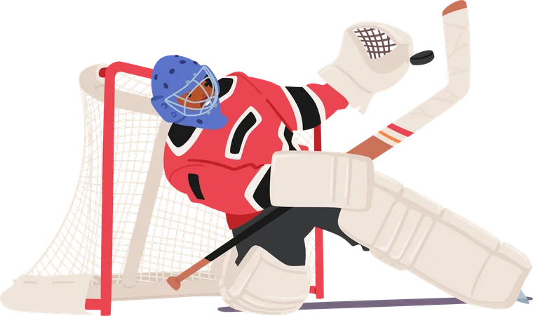 Hockey Goalkeeper Guards The Net With Determination Character Donned In Protective Gear Poised For Action On The Ice Ready To Block Shots And Defend The Goal Cartoon People Vector Illustration 일러스트레이션