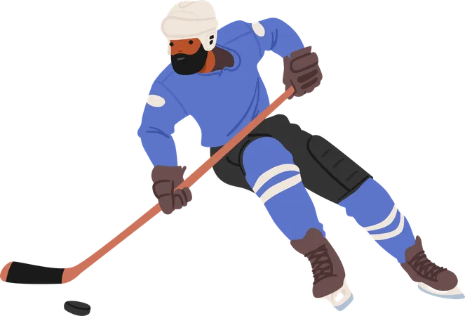 Fierce Hockey Player Character Clad In Full Gear Glides Across The Ice Stick In Hand Determined And Focused Chasing The Puck With Skill And Determination Cartoon People Vector Illustration Illustration