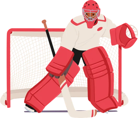 Determined Hockey Goalkeeper Guards The Net With Agile Moves Clad In Red Gear Focused And Ready For Incoming Puck With Unwavering Determination On The Ice Rink Cartoon People Vector Illustration 일러스트레이션