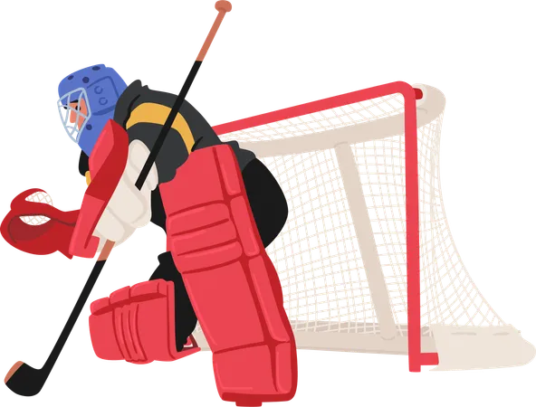 Focused Hockey Goalkeeper Character Guards The Net With Determination Clad In Protective Gear And A Mask Ready For Action A Formidable Presence On The Ice Cartoon People Vector Illustration 일러스트레이션