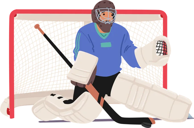 A Focused Hockey Goalkeeper Guards The Net With Determination Clad In Colorful Gear Poised For Action On The Ice Rink Character Anticipate The Incoming Puck Cartoon People Vector Illustration イラスト