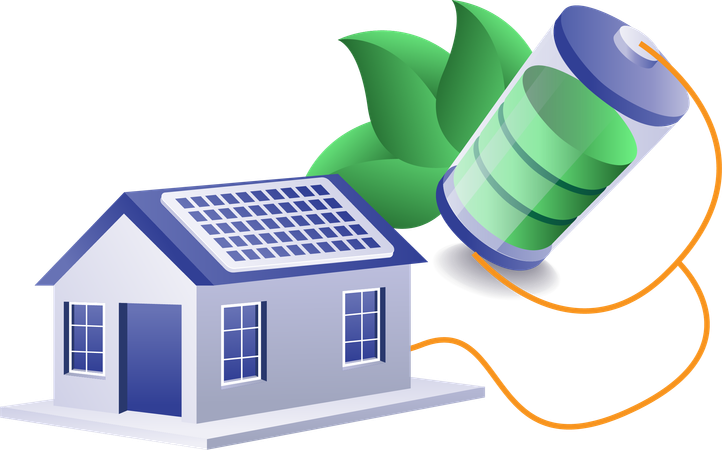 Energía eléctrica doméstica a partir de baterías, paneles solares, eco verde.  Ilustración