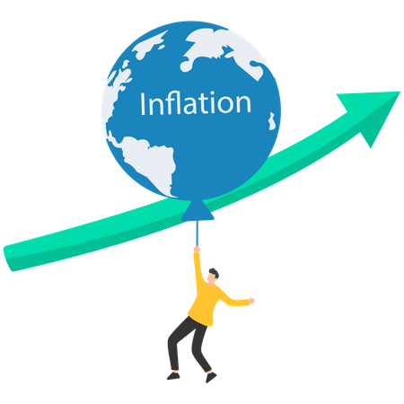 Hohe globale Inflation, Zinserhöhung der FED, variabler Zinssatz, globale Wirtschaftskrise, Konjunkturabschwung, hohe Inflation, Ballon mit dem Symbol der Weltkarte schwebt höher  Illustration