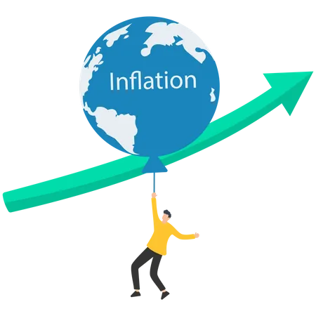 Hohe globale Inflation, Zinserhöhung der FED, variabler Zinssatz, globale Wirtschaftskrise, Konjunkturabschwung, hohe Inflation, Ballon mit dem Symbol der Weltkarte schwebt höher  Illustration