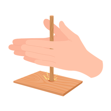 Höhlenmensch entzündet Feuer durch Reibung eines Holzstabes Illustration