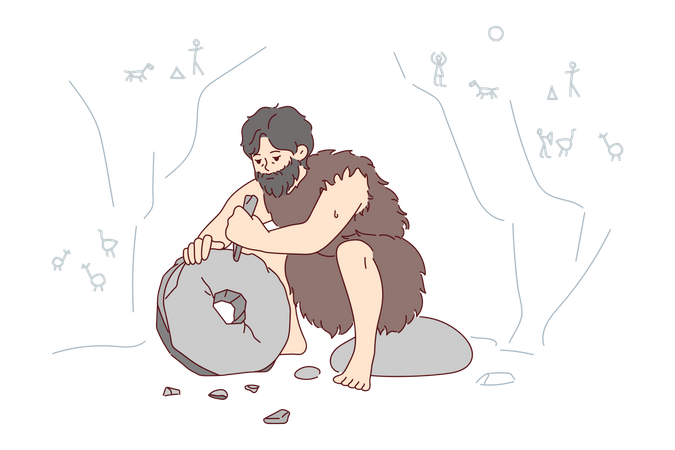 Höhlenmensch schnitzt Rad aus Stein  Illustration