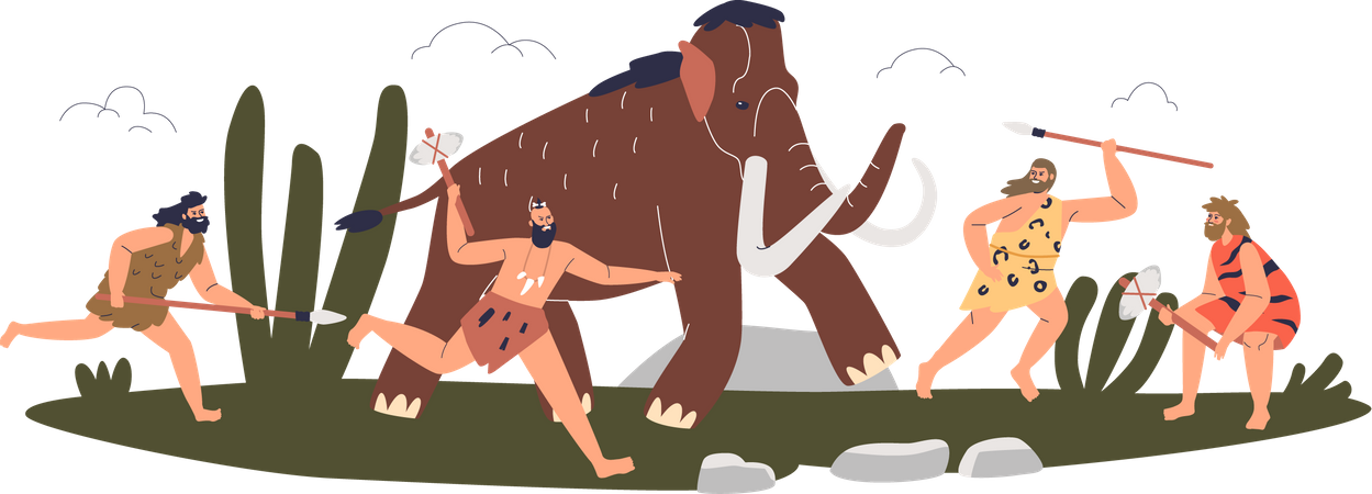 Höhlenmenschenjäger mit Speeren und Äxten jagen Mammuts  Illustration