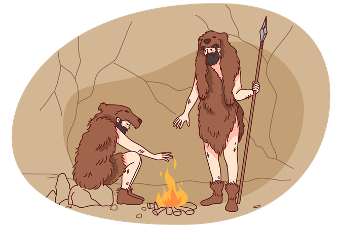Höhlenmenschen legen Feuer in der Natur  Illustration