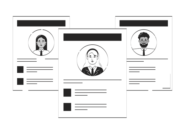 Hojas de currículum vitae con diversos perfiles de candidatos  Ilustración
