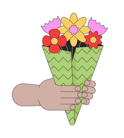 Holding Bunch Of Flowers Linear Cartoon Character Hands Illustration Women Day Gifting Wildflowers Bouquet Outline 2 D Vector Image White Background Carrying Floral Gift Editable Flat Color Clipart イラスト