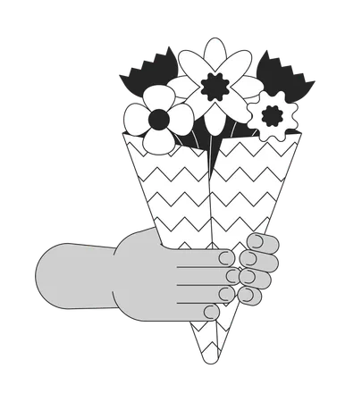 Holding Bunch Of Flowers Cartoon Human Hands Outline Illustration Gifting Wildflowers Bouquet 2 D Isolated Black And White Vector Image Carrying Floral Gift Flat Monochromatic Drawing Clip Art Illustration