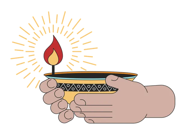 Holding Diwali Oil Lamp Linear Cartoon Character Hands Illustration Carrying Flame Spiritual Outline 2 D Vector Image White Background Festival Of Lights Hindu Festival Editable Flat Color Clipart Illustration