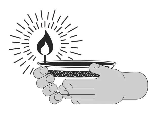 Holding Diwali Oil Lamp Cartoon Human Hands Outline Illustration Carrying Flame Spiritual 2 D Isolated Black And White Vector Image Festival Of Lights Hindu Flat Monochromatic Drawing Clip Art Illustration
