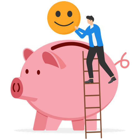 Holding golden shiny coin with happy smiling face put in pink piggy bank.  Illustration