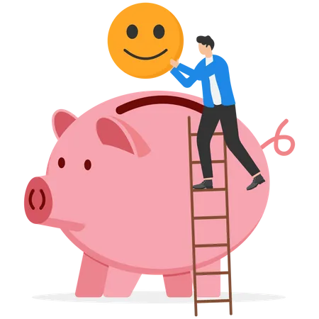 Money To Buy Happiness Saving For Happy Retirement Or Pay For Happy Lifestyle Concept Hand Holding Golden Shiny Coin With Happy Smiling Face Put In Pink Piggy Bank Illustration