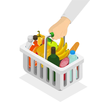 3 D Isometric Flat Vector Icon Of Grocery Basket Buying Food In A Supermarket Illustration